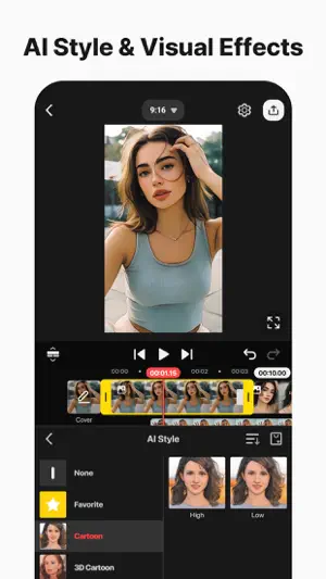 AI Style panel applying a Cartoon look to a portrait clip, with High and Low strength previews