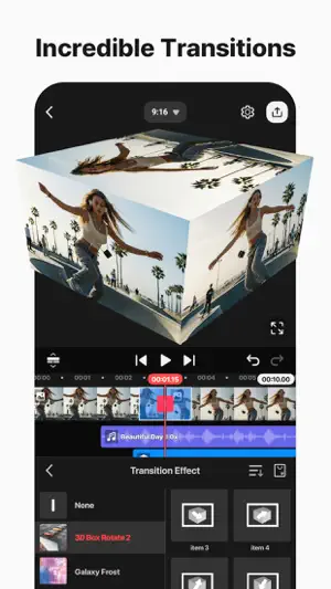 Transition Effect menu previewing a 3D Box Rotate 2 cube between two skateboarding clips