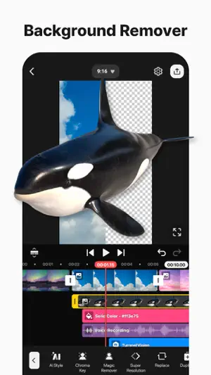 Magic Remover cutting an orca out of a sky clip onto a transparent background, with Chroma Key and Super Resolution in the toolbar