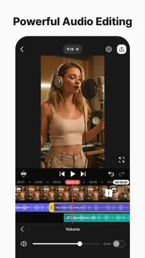 Volume slider with an Auto toggle under a singer clip, with voice recording and music tracks on the timeline