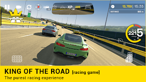 Green sports car overtaking a red hatchback on a sunlit motorway, speed and gear on the HUD — King of the Road title card