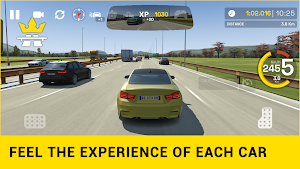 Yellow coupé in traffic between two lanes of cars, captioned Feel the experience of each car
