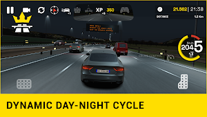 Night driving under an overhead sign gantry with headlights ahead — dynamic day–night cycle