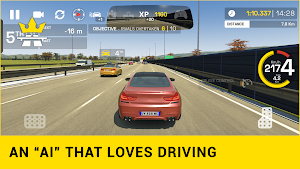 Red coupé passing trucks and cars with a Rivals overtake objective on screen — an AI that loves driving