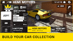 Hemi Motors dealer screen with a yellow sports car and weight, power and speed cards — build your car collection