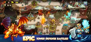 A red dragon and an armoured hero over a lava battlefield of towers, captioned epic tower defense battles