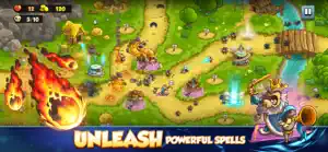 A fireball spell falling on a green-field lane beside a crowned hero, captioned unleash powerful spells