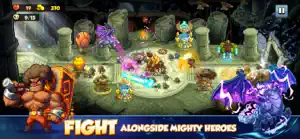 A crystal cave battlefield with a barbarian hero and a dragon, captioned fight alongside mighty heroes