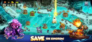 A purple-lit swamp lane with a lightning strike and a beast hero, captioned save the kingdom