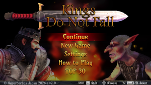 Title screen — King Alden and a goblin flank the sword logo with Continue, New Game and Top 30 options