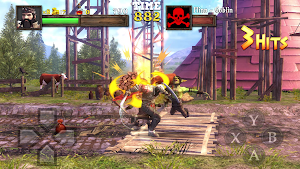 Alden's flaming strike lands on goblins by a red barn, 3 Hits on the counter