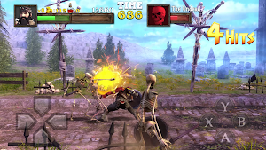 A skeleton knight explodes under a hit beside a stone cross, 4 Hits