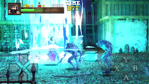 Blue lightning super attack fills a dark courtyard with the virtual buttons overlaid