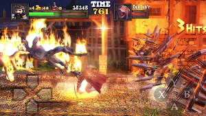 Alden battles a burning enemy amid flames, 3 Hits and a boss health bar