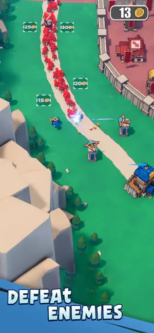 Tower-defence siege: archers on the wall hold a lane against a column of red rebels