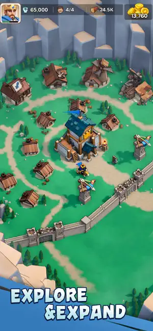 Medieval town overview with a stone wall, farms, barracks and a watchtower