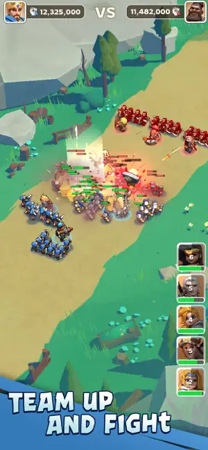 Two armies clash on a river bank, blue against red, with Power totals compared at the top