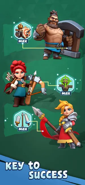 Three heroes — a warrior, an archer and a swordswoman — with maxed skill icons