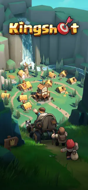 Kingshot key art: a walled town below a waterfall with a cart arriving at the gate