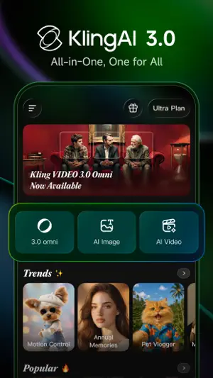 Home screen with a VIDEO 3.0 Omni banner, 3.0 omni, AI Image and AI Video buttons, and Trends templates such as Motion Control and Pet Vlogger