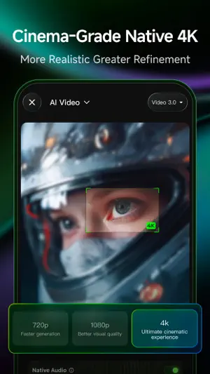 AI Video screen on the Video 3.0 model offering 720p, 1080p and 4K options under a close-up of a helmeted rider's eye