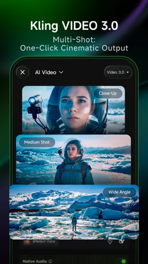 Multi-Shot example splitting one prompt into close-up, medium shot and wide-angle frames of an astronaut on an icy shore