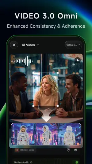 VIDEO 3.0 Omni reference example: a woman selected in a cafe photo reappears among astronauts in a neon city, with an audio waveform overlay