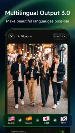 Multilingual output screen with four friends walking down a city street above English, Spanish, Japanese and Korean language flags