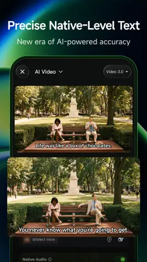 Two park-bench frames with generated English subtitles under a Precise Native-Level Text caption