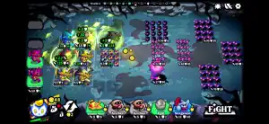 A grid battle with a green-lit army on the left and purple demon ranks on the right, Fight button below