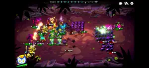 A crowded battlefield with cannon fire and pink demons under a cave ceiling