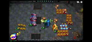 A dungeon board with golden troops facing a blue-armoured enemy formation