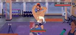 Fighting a tattooed gym bro in a weight room with dumbbell racks behind
