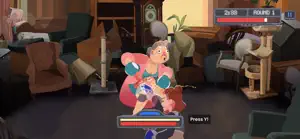 A cat-lady Karen in a curler-filled living room swinging, with a Press Y prompt