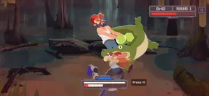 A crocodile-wrestling opponent in a swamp lifting the player, round 1