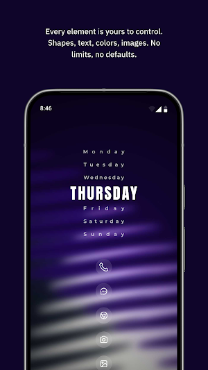 Dark purple layout listing the weekdays vertically with THURSDAY in bold and a column of round app shortcut icons below