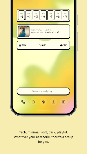 Yellow home screen with a seven-day date strip, a now-playing music card, battery at 71%, 638 steps and a weather reading