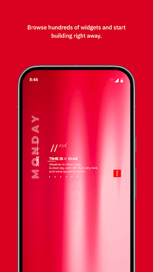 Red home screen widget with vertical MONDAY text, the time 10:46 and a line describing the weather in Milan, Italy