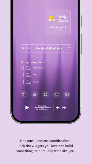 Purple setup with a Partly Cloudy weather card, a date bar, upcoming May calendar events and a music player widget