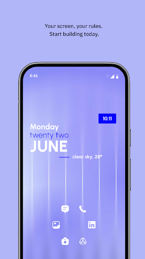 Lavender home screen showing Monday twenty two JUNE in large type, clear sky at 28 degrees and a 10:11 clock box