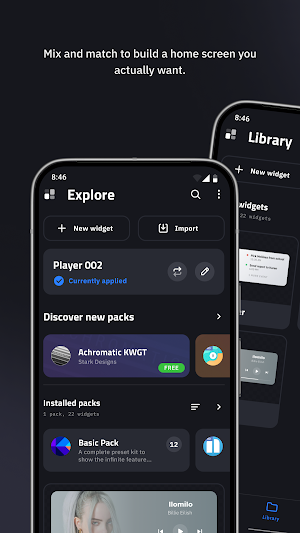 Explore tab with New widget and Import buttons, the applied Player 002 preset, a free Achromatic KWGT pack and a 12-widget Basic Pack