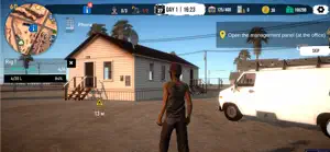 The player walking toward a white bungalow office beside a van, objective to open the management panel