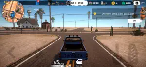 Driving a pickup down a palm-lined road toward a refinery, speed 45
