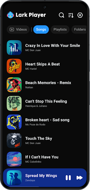 Library Songs tab with Videos, Playlists and Folders tabs, album art beside each track and a mini player at the bottom