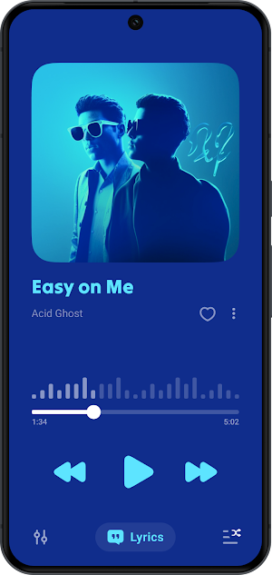 Now-playing screen for Easy on Me with a waveform seek bar, equalizer shortcut, Lyrics button and queue icon