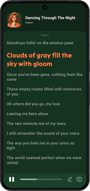 Full-screen synced lyrics for Dancing Through The Night with the current line highlighted in orange and an edit icon