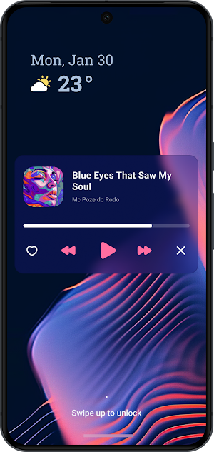 Lock-screen player card for Blue Eyes That Saw My Soul with like, previous, play, next and close buttons