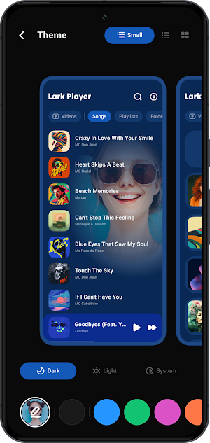 Theme settings with Dark, Light and System modes, a custom photo background and a row of color swatches