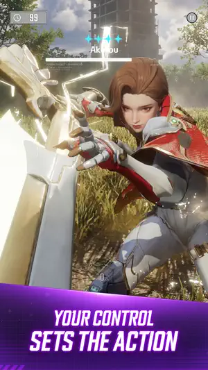 A red-haired hunter swinging a blade at Akaipu in tall grass — Your Control Sets the Action