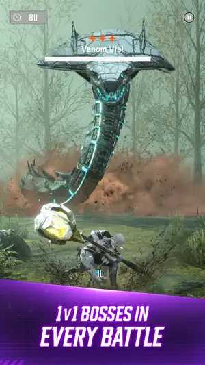 A hunter facing Venom Hial, a hooded serpent boss, in a misty forest — 1v1 Bosses in Every Battle